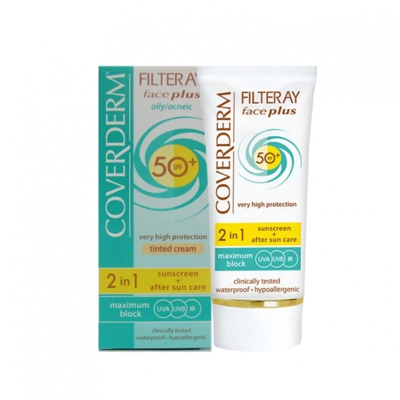 كريم Coverderm Filteray Face Plus Oily Acneic SPF50+ بتركيبة مخصصة للحماية العالية جدًا، هو كريم ملون بلمسة لون البيج الفاتح (50 مل) مصمم خصيصًا للبشرة الدهنية والمعرضة لحب الشباب