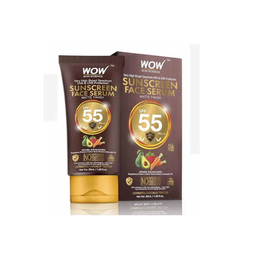 سيروم واقي الشمس للوجه بتأثير مطفي من WOW Skin Science بعامل حماية SPF 55 PA مع توت العليق، زيت بذور الجزر، وزيت الأفوكادو - خالٍ من الزيوت - بدون بارابين، سيليكون، زيت المعادن، أكسيد، ألوان، بنزوفينون - 50 مل