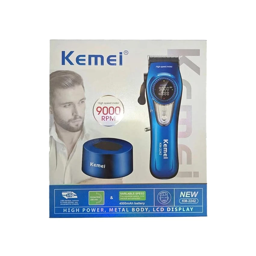 ماكينة قص الشعر الاحترافية KEMEI 2242 للرجال، ماكينة قص الشعر الكهربائية اللاسلكية، شفرات DLC، محرك توربو 5000-9000 دورة في الدقيقة، قابلة لإعادة الشحن عبر USB حتى 220 دقيقة من الاستخدام مع شاشة LED