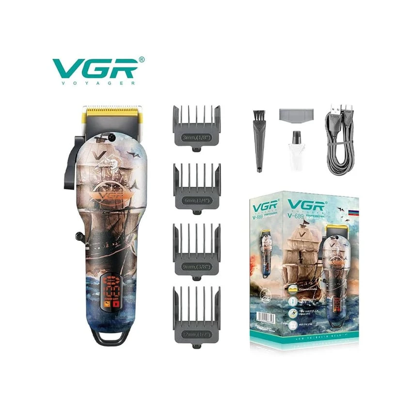 ماكينة قص الشعر / ماكينة تشذيب الشعر الاحترافية VGR V-689 للرجال مع شاشة LED، وقت التشغيل 180 دقيقة مع 4 أمشاط توجيه القطع (متعددة الألوان)