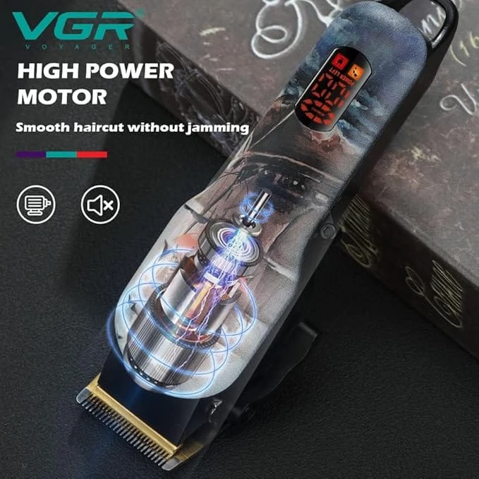 ماكينة قص الشعر / ماكينة تشذيب الشعر الاحترافية VGR V-689 للرجال مع شاشة LED، وقت التشغيل 180 دقيقة مع 4 أمشاط توجيه القطع (متعددة الألوان)