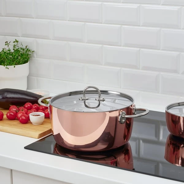 Pot with lid, copper/stainless steel,