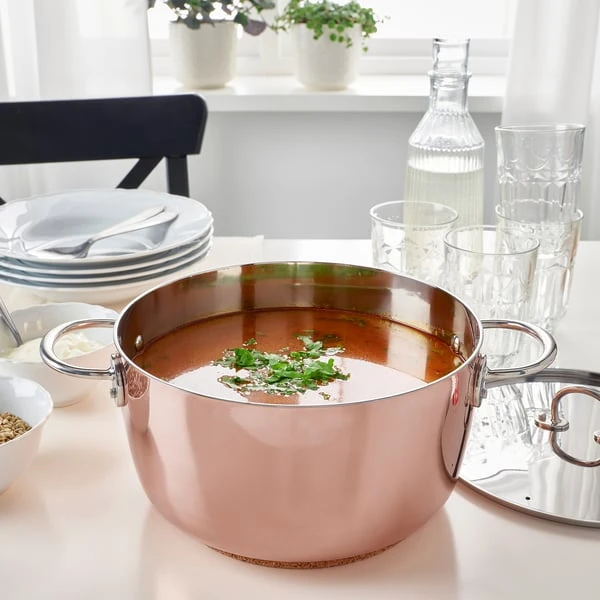 Pot with lid, copper/stainless steel,