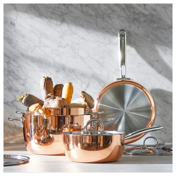 Pot with lid, copper/stainless steel,