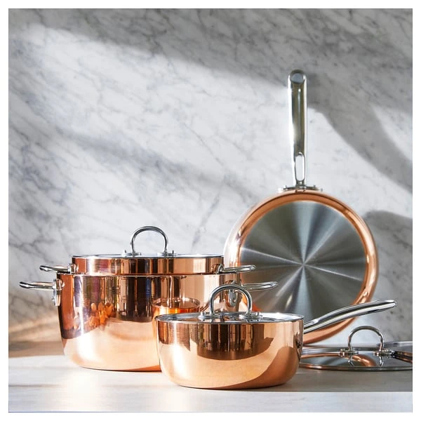 Pot with lid, copper/stainless steel,