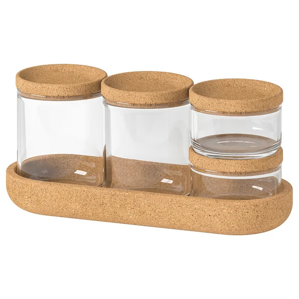 Jar with lid and tray, set of 5, glass cork