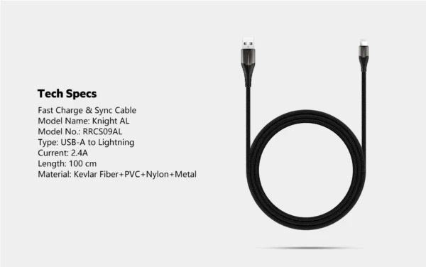 RockRose USB to Lightning Knight AL 2.4A Fast Charge & Data Sync Cable (1M)