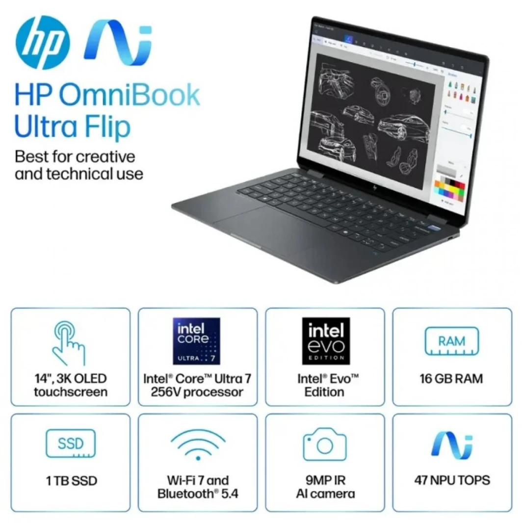 HP OmniBook Ultra Flip Laptop 14-fh0003ne Intel® Core™ Ultra 7 256V Intel® Evo™  2-in-1 16 GB LPDDR5x, 14.0" 3K (2880 x 1800), OLED Micro-Edge, 120 Hz Touch Screen, Windows 11 Home -  Atmospheric blue