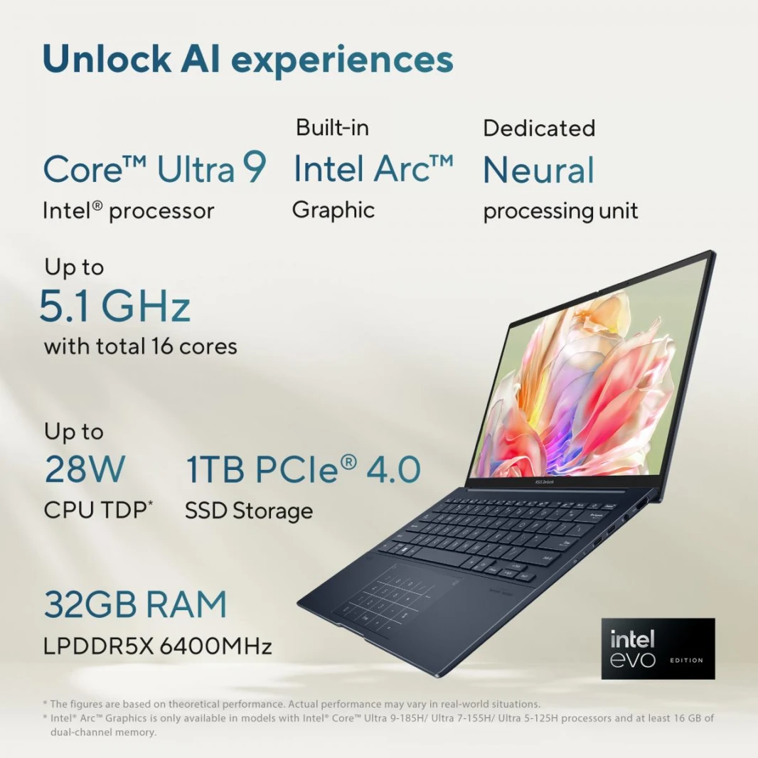 Laptop ASUS Zenbook 14 OLED Light Weight Laptop, Intel vPro® Enterprise Intel® Core™ Ultra 9 Processor 285H Up to 5.4 GHz 14 Inch, 3K (2880 x 1800) OLED TOUCH Ponder Blue - Windows 11 Home