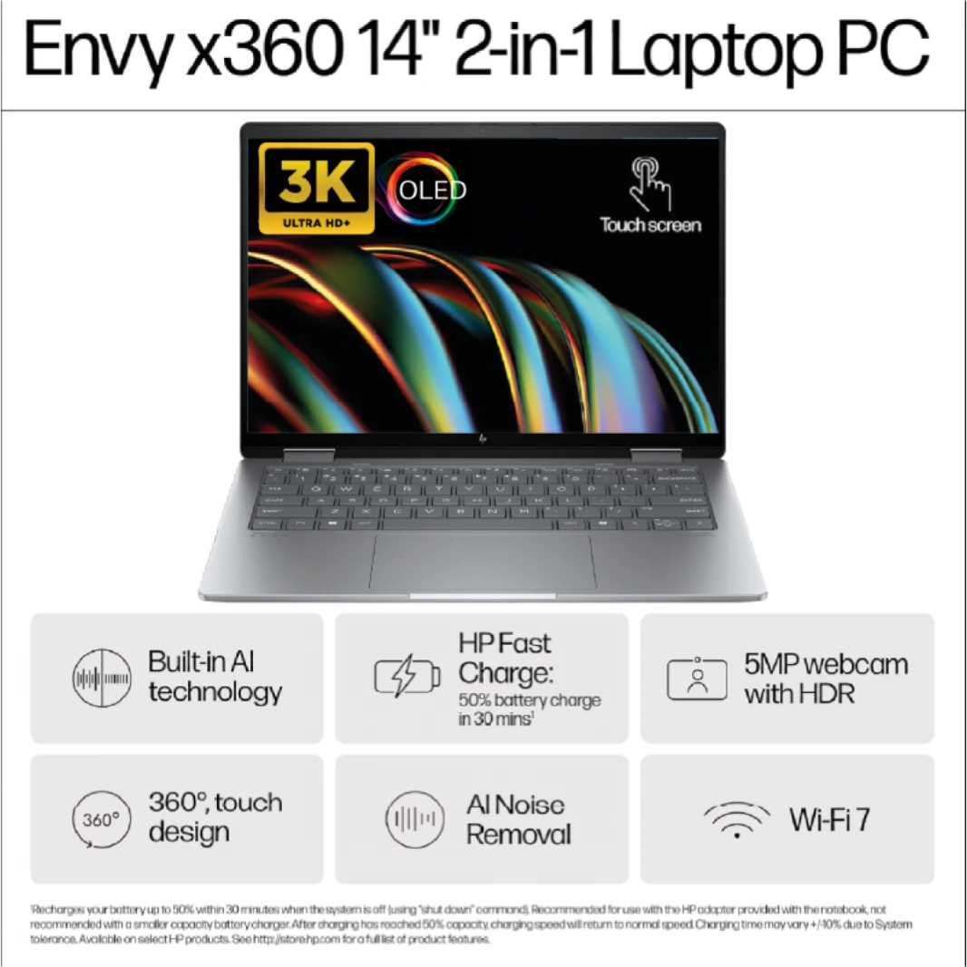 HP Envy x360 2-in-1 Laptop 14-fc0043ne Intel® Core™ Ultra 7 155U Intel® Evo™ 14" Touch-Screen, 3K OLED 120 Hz Windows 11 Home with Tilt Natural Silver Pen - Meteor silver
