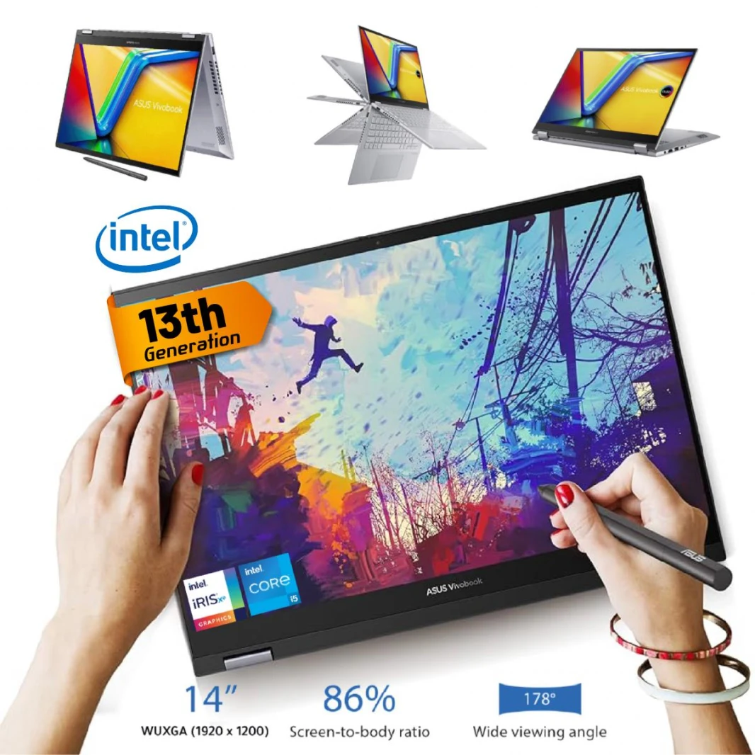 Laptop ASUS Vivobook S 14 Flip, Intel® Core™ i5-1335U  Processor, 16GB DDR4, 512GB M.2, 14.0" WUXGA Touch Stylus,| 13th Generation  - Cool Silver
