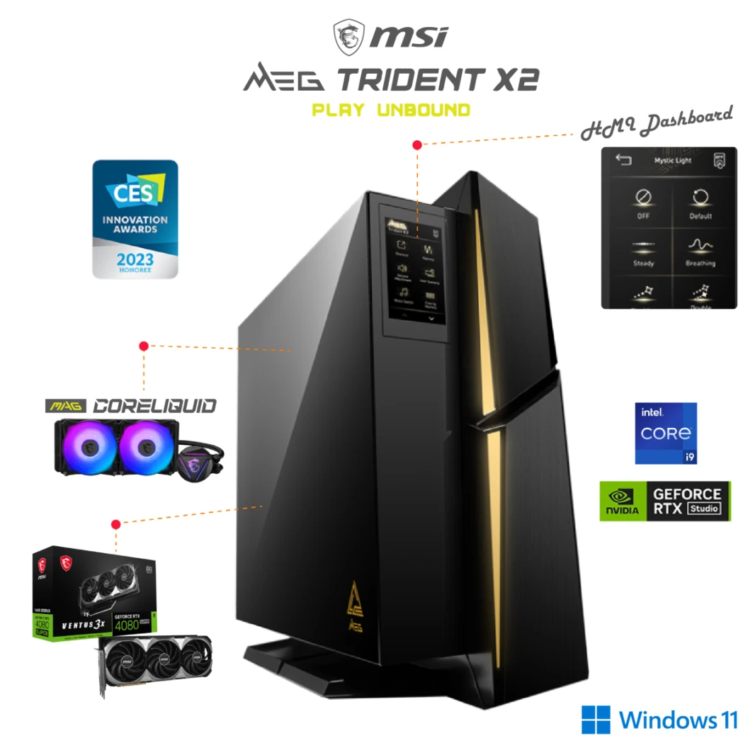 MSI MEG Trident X2 Gaming Desktop Intel Core i9 14900KF Processor 24-Cores NVIDIA GeForce RTX 4080 SUPER Ventus 16GB GDDR6X  3X  With HMI Touch Dashboard