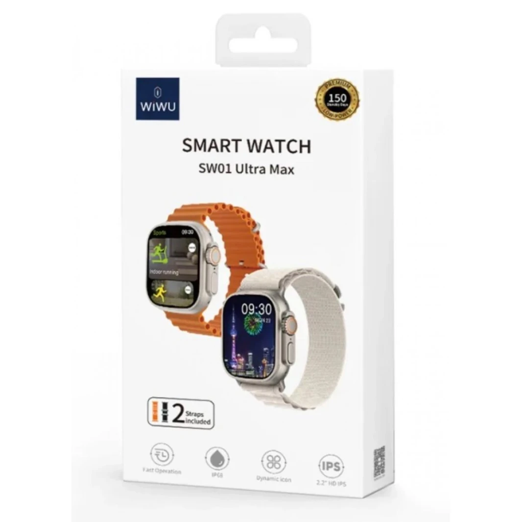 WIWU SW01 ULTRA MAX SMART WATCH Display: 2.2” IPS, Fashionable IP68 waterproof, 2 straps included Wireless connection - 18 Month Warranty