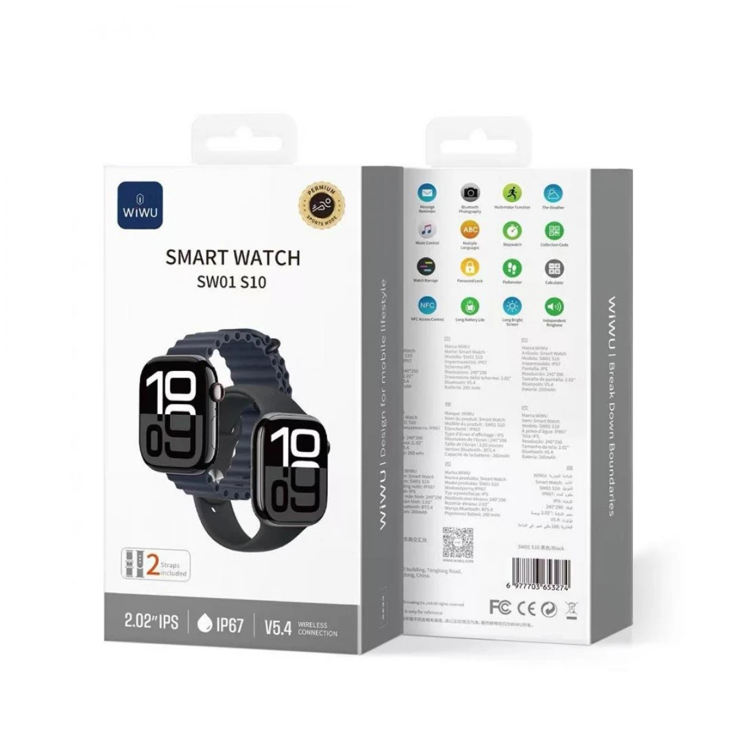 WiWU S10 Smart Watch IP67 Water Resistance, Long Battery Life Comes with 2 Straps, NFC Access Control, Call Function, Health Tracking, Multiple Sports Modes - 18 Month Warranty