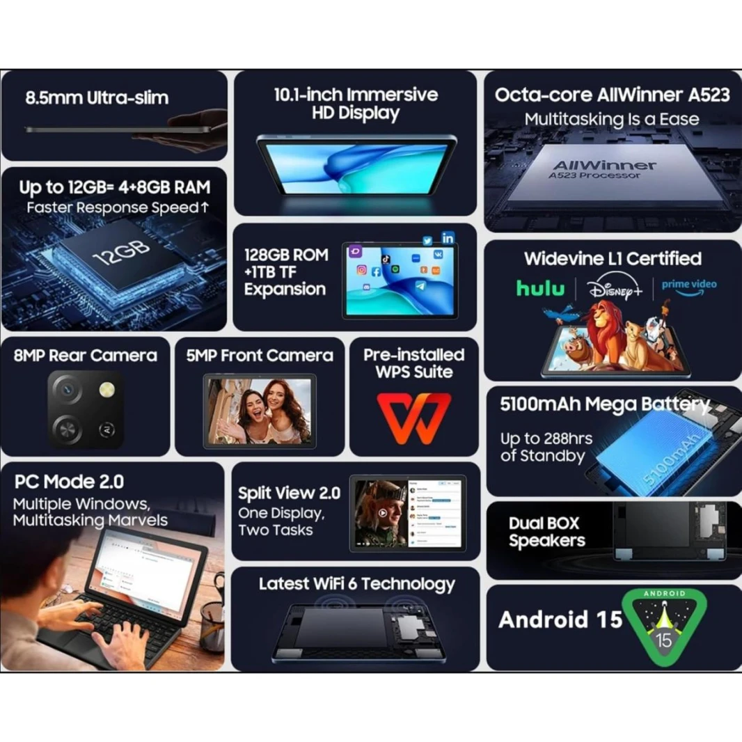 Blackview Tab 60 PRO Android 15 Tablet, 24GB+128GB, 10.1'' HD+ Display, 7700mAh Battery, Dual 4G SIM WIFI 5, 5MP+13MP Camera, 8.5mm Ultra Slim, Dual Speaker, W/ Keyboard, Mouse, Cover, Pen