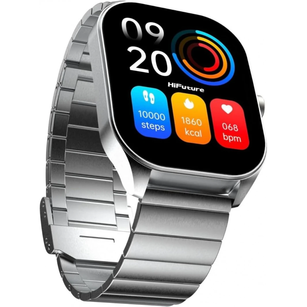 HiFuture FutureFit Slim APEX 2.04″ AMOLED Display Up to 7 Days Daily Use Health Meter IP68 Waterproof Smartwatch Metallic Frame (Silver) - 18 Month Warranty