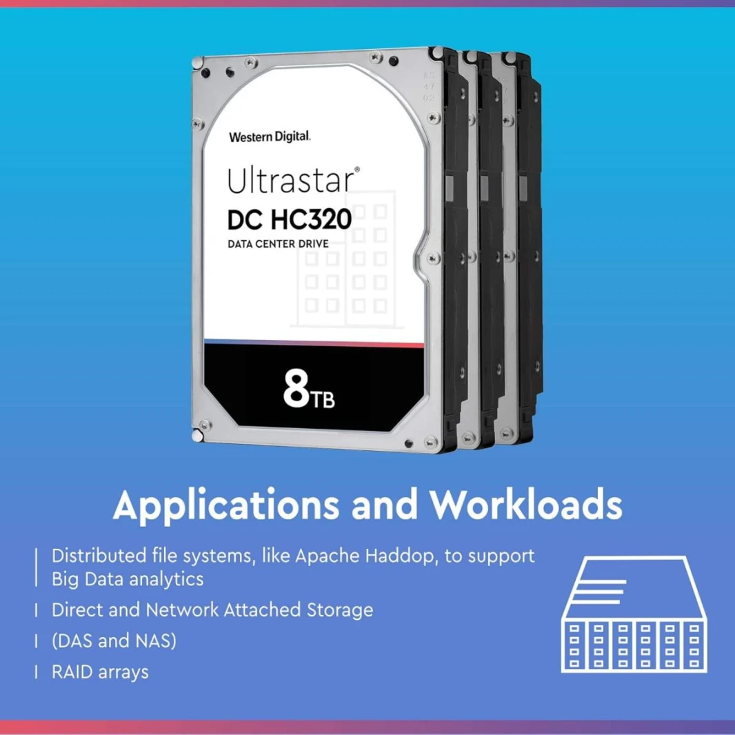 WD Western Digital 8TB Ultrastar DC HC320 SATA HDD - 7200 RPM Class, SATA 6 Gb/s, 256MB Cache, 3.5" - HUS728T8TALE6L4