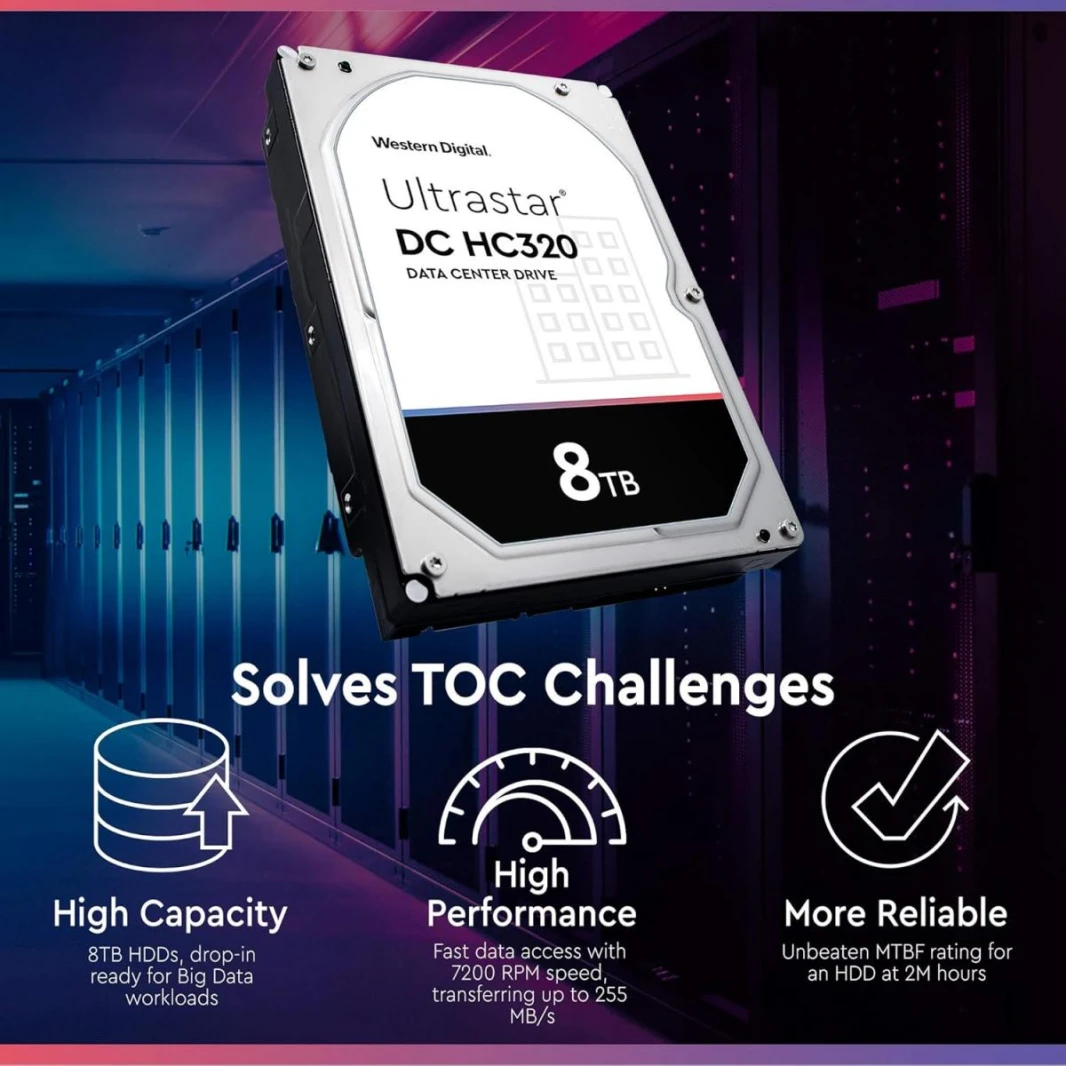 WD Western Digital 8TB Ultrastar DC HC320 SATA HDD - 7200 RPM Class, SATA 6 Gb/s, 256MB Cache, 3.5" - HUS728T8TALE6L4