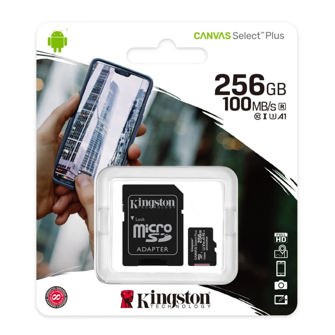 Kingston Memory Card 256GB micSDXC Canvas Select Plus 100R A1 C10 Card + ADP