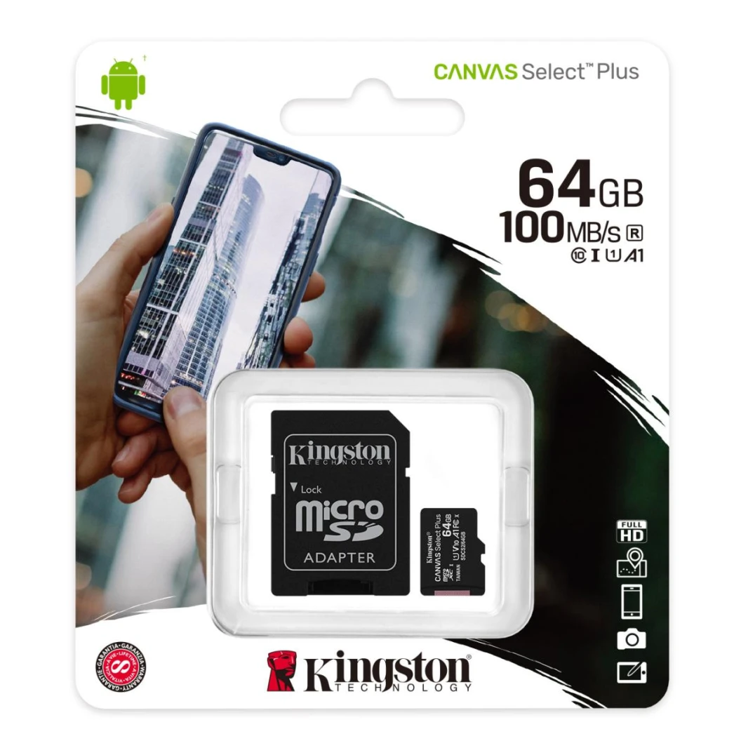 Kingston Memory Card 64GB micSDXC Canvas Select Plus 100R A1 C10 Card + ADP