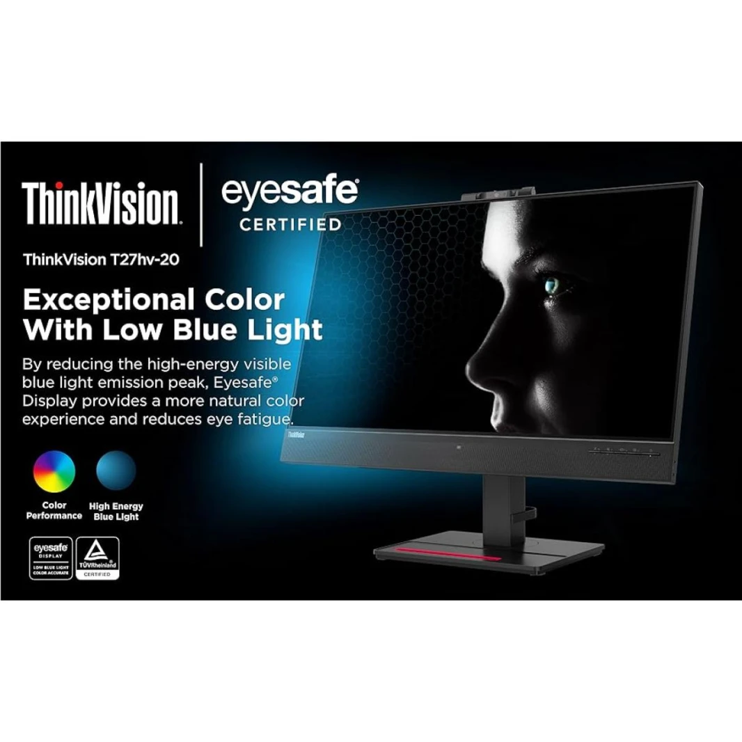 Lenovo ThinkVision T27hv-30 27" IPS 2K 75Hz E-Meeting Monitor Built In 5MP IR+RGB Webcam & Speakers & Mic 16.7 / HDMI 2.1, DP, USB C & USB Hub Adjustable Stand
