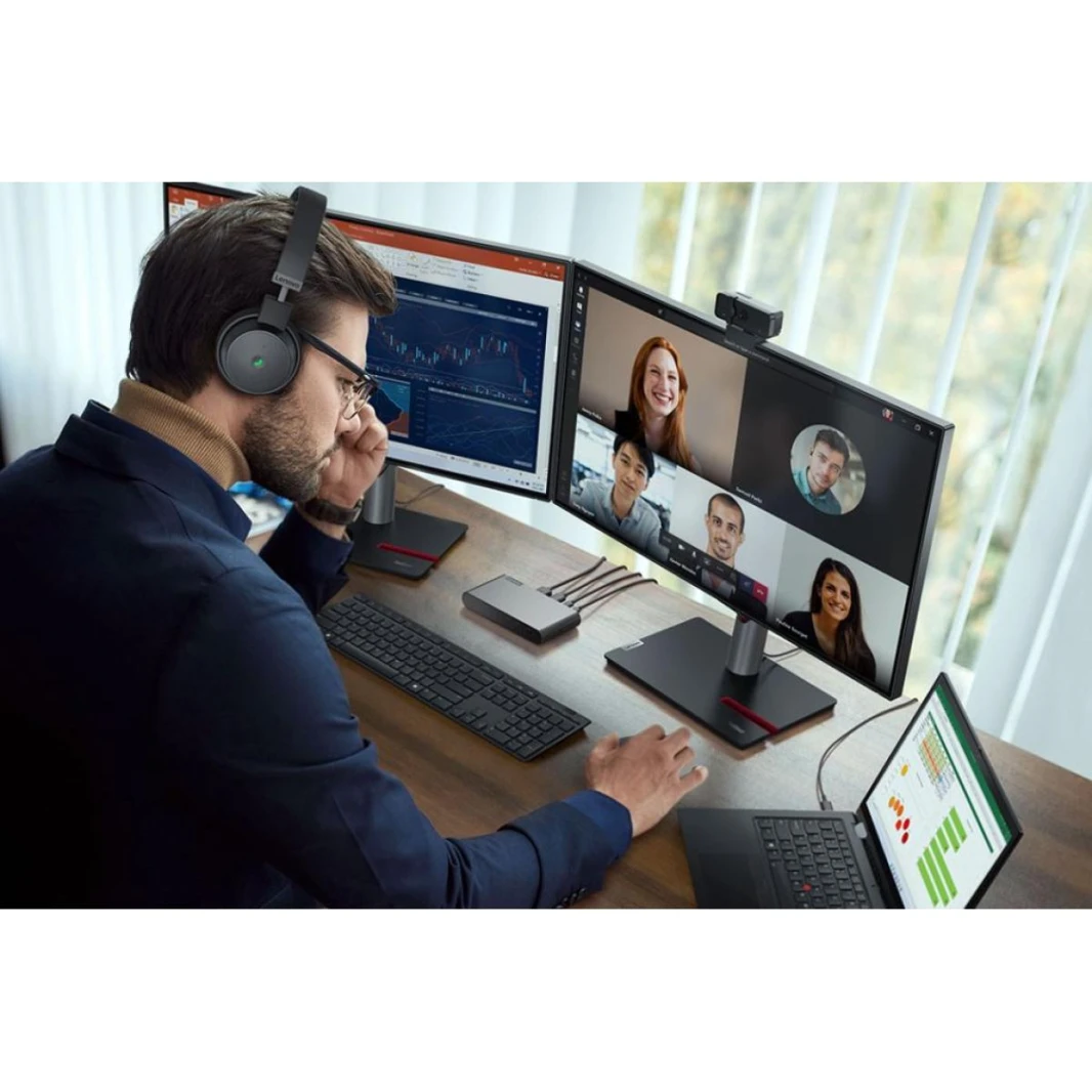 Lenovo ThinkVision T27hv-30 27" IPS 2K 75Hz E-Meeting Monitor Built In 5MP IR+RGB Webcam & Speakers & Mic 16.7 / HDMI 2.1, DP, USB C & USB Hub Adjustable Stand
