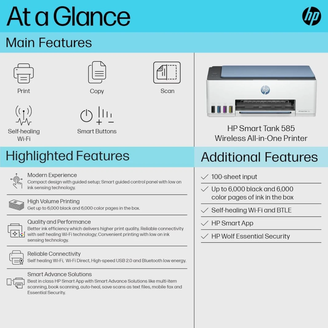 HP Smart Tank 585 All-in-One Printer ,Ink Color Black & Colour, Wi-Fi / Bluetooth, Up to 12,000 black pages and 6,000 color pages