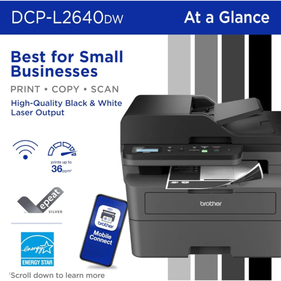 Brother DCP-L2640DW Wireless & Brother Mobile Connect App Mono Laser Multifunction 3-in-1 Automatic 2-sided (Duplex) Print & Document Feeder - Black