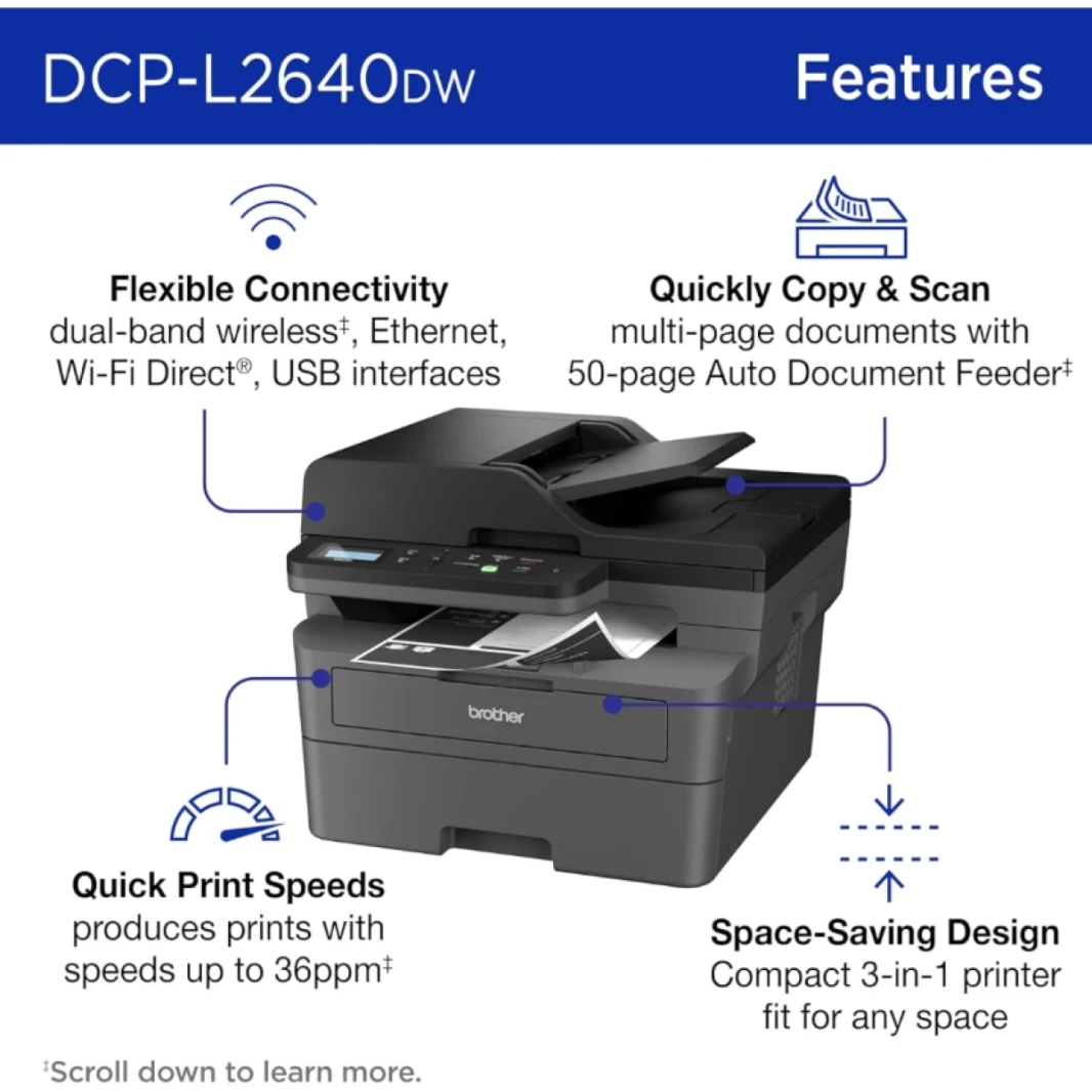 Brother DCP-L2640DW Wireless & Brother Mobile Connect App Mono Laser Multifunction 3-in-1 Automatic 2-sided (Duplex) Print & Document Feeder - Black