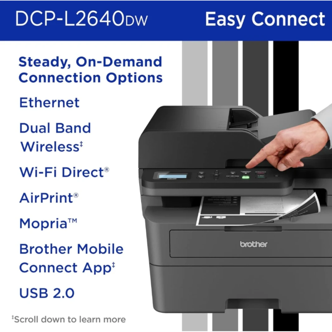 Brother DCP-L2640DW Wireless & Brother Mobile Connect App Mono Laser Multifunction 3-in-1 Automatic 2-sided (Duplex) Print & Document Feeder - Black