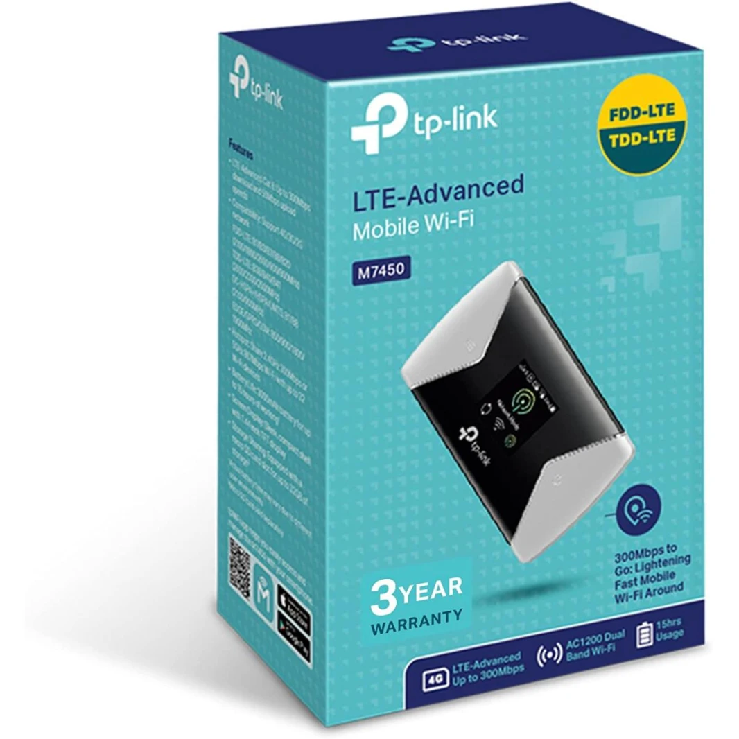 TP-Link M7450 4G+ MiFi SD Card Slot LTE-Advanced Cat6 with up to 300Mbps Up to 32 Devices - 3000 mAh battery up to 15 hours