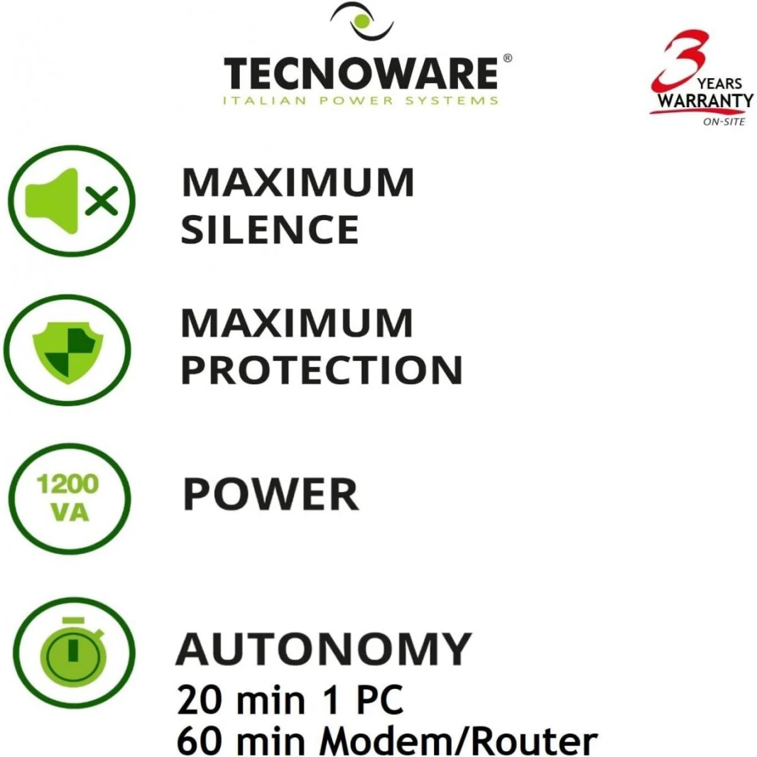 Tecnoware ERA PLUS 1200 TOGETHER ON UPS - Uninterruptible Power Supply - 2 universal output sockets - Autonomy up to 20 min with 1 PC or 60 min with Modem Router - Power 1200 VA