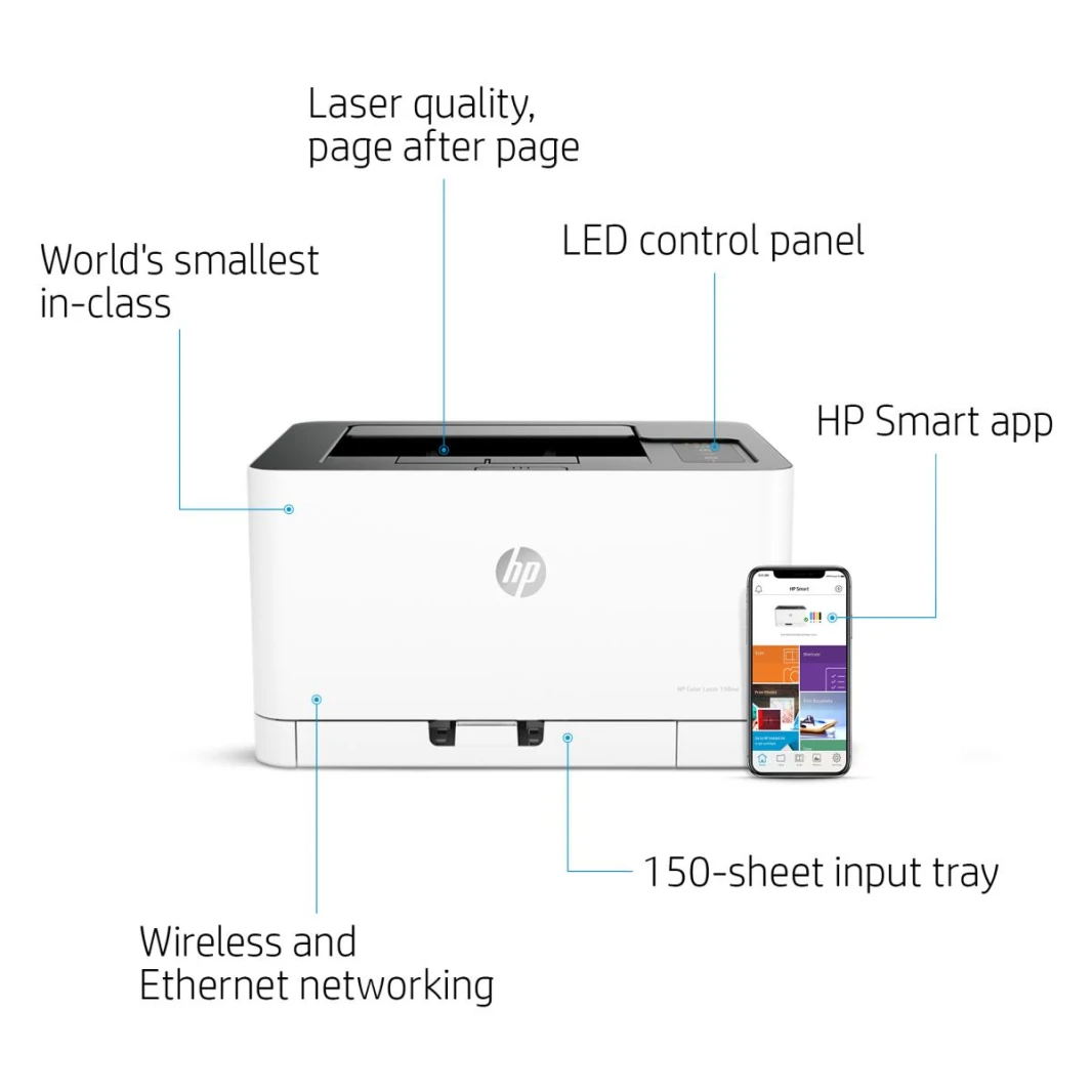 Printer HP 150NW Color Laser Black 18 ppm Color 4 ppm. Network ready, Wi-Fi, cartridges deliver up to 1000 pages black, 700 pages colour 1 Year Warranty