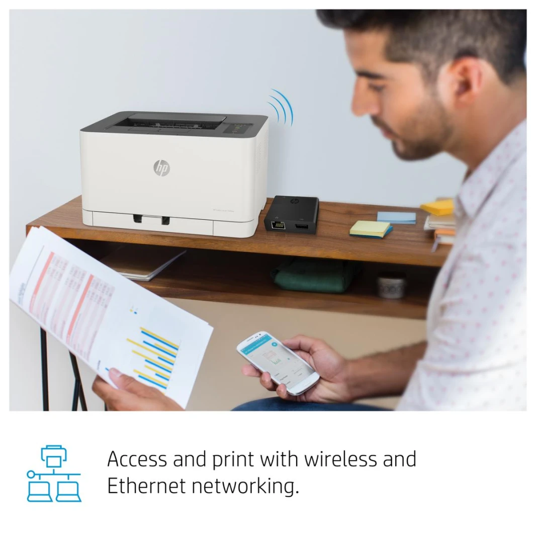 Printer HP 150NW Color Laser Black 18 ppm Color 4 ppm. Network ready, Wi-Fi, cartridges deliver up to 1000 pages black, 700 pages colour 1 Year Warranty
