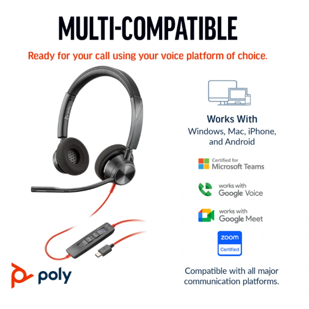 Poly Blackwire 3320 Stereo Microsoft Teams Certified USB-C Headset +USB-C/A Adapter