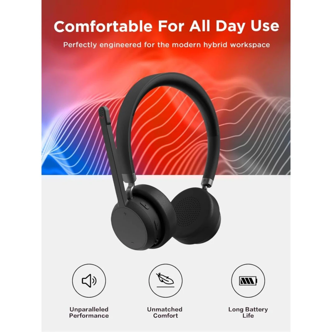 Lenovo Wireless Stereo Headset, Noise Cancelling Mic, Bluetooth 5.3 Multipoint, 31-Hour Talk & 60-Hour Playback, Lightweight 138g, Replaceable Earcups Over-Ear Comfort, Gaming, Office, & PC Use