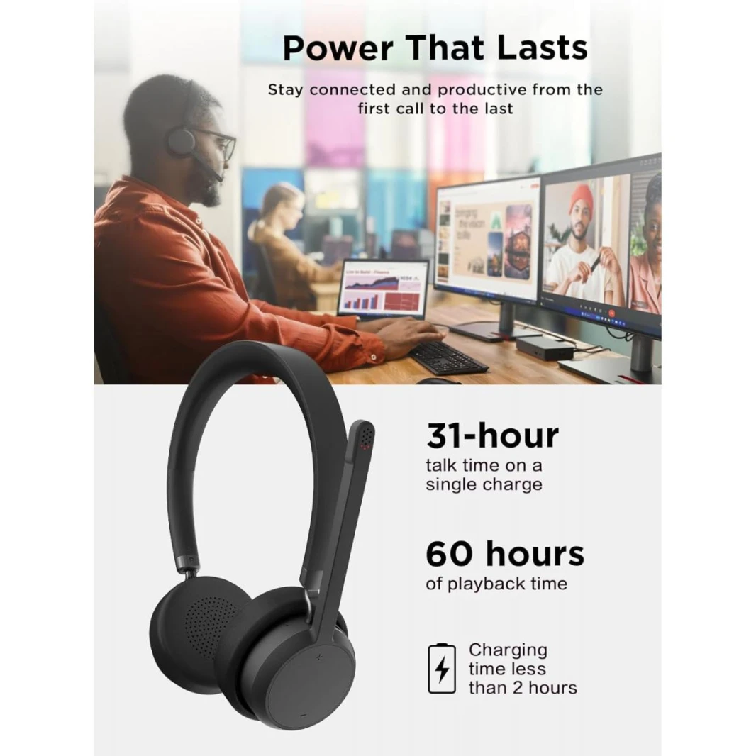 Lenovo Wireless Stereo Headset, Noise Cancelling Mic, Bluetooth 5.3 Multipoint, 31-Hour Talk & 60-Hour Playback, Lightweight 138g, Replaceable Earcups Over-Ear Comfort, Gaming, Office, & PC Use