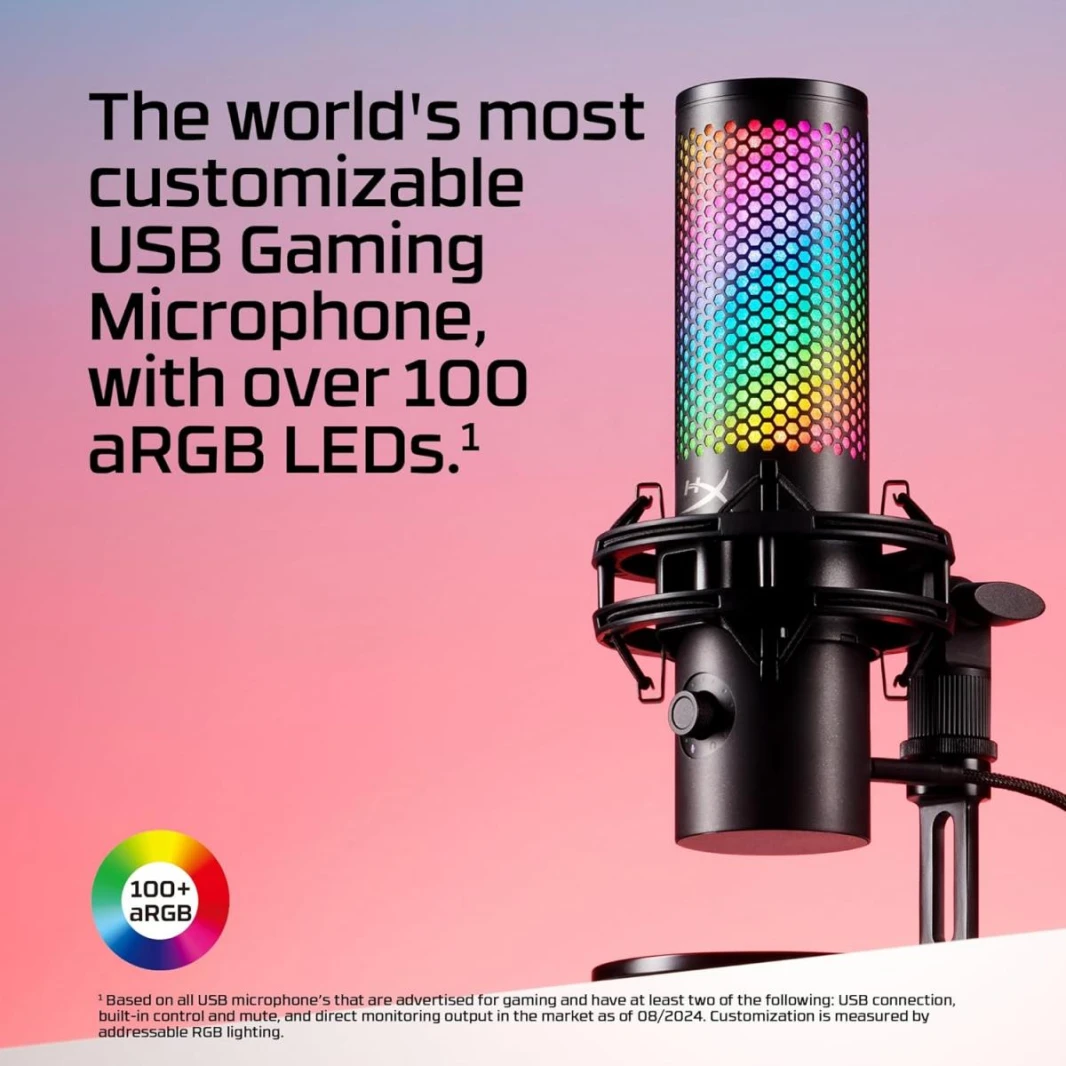 HyperX QuadCast 2 S – USB Microphone, with RGB Lighting, Streaming and Podcasting, with On-Board Controls, LED Lighting, Removable Shock Mount, USB-C - Black
