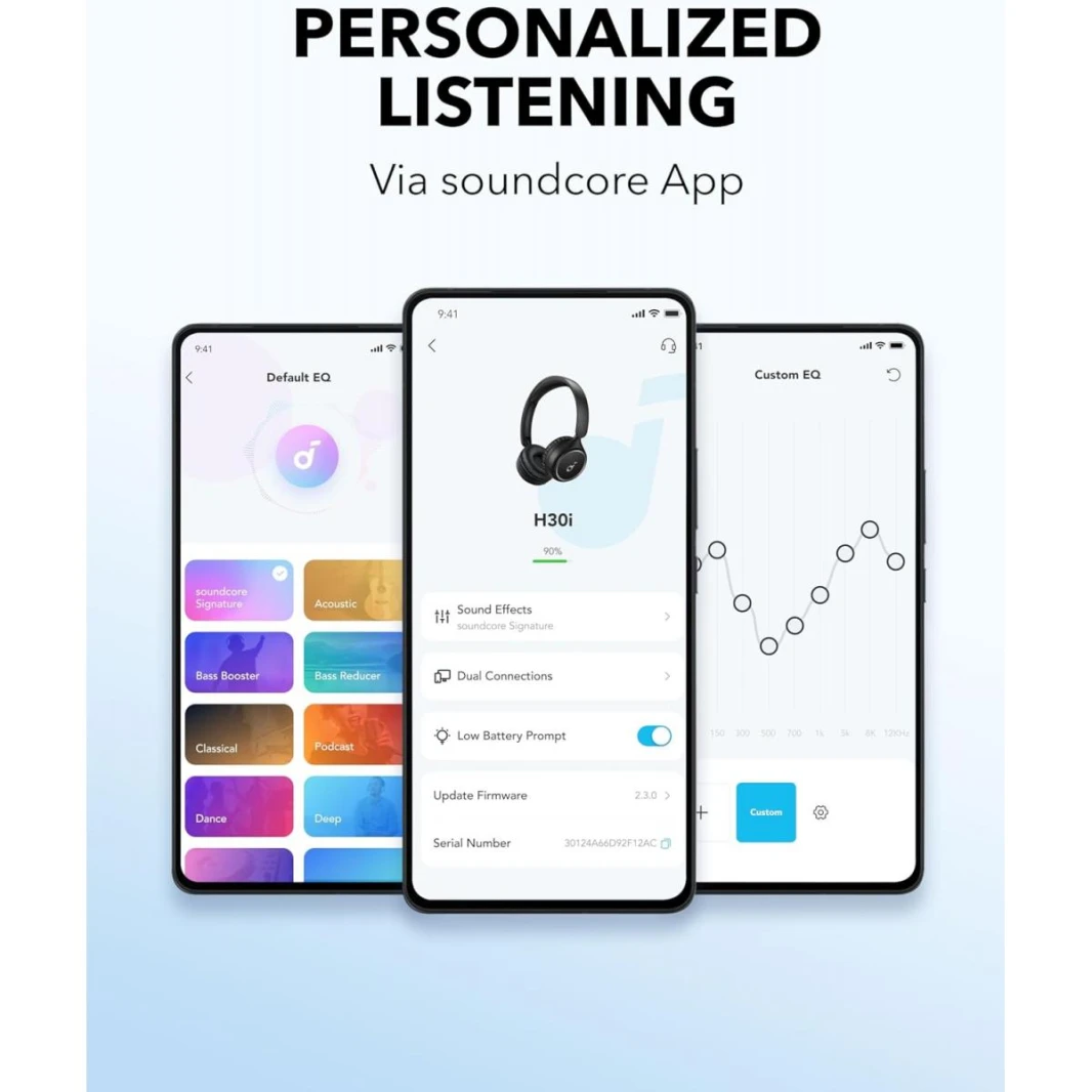 Anker Soundcore H30i Wireless On-Ear Headphones, Foldable Design, Pure Bass, 70H Playtime, Bluetooth 5.3, Lightweight and Comfortable, App Connectivity, Multipoint Connection - 18 Month Warranty