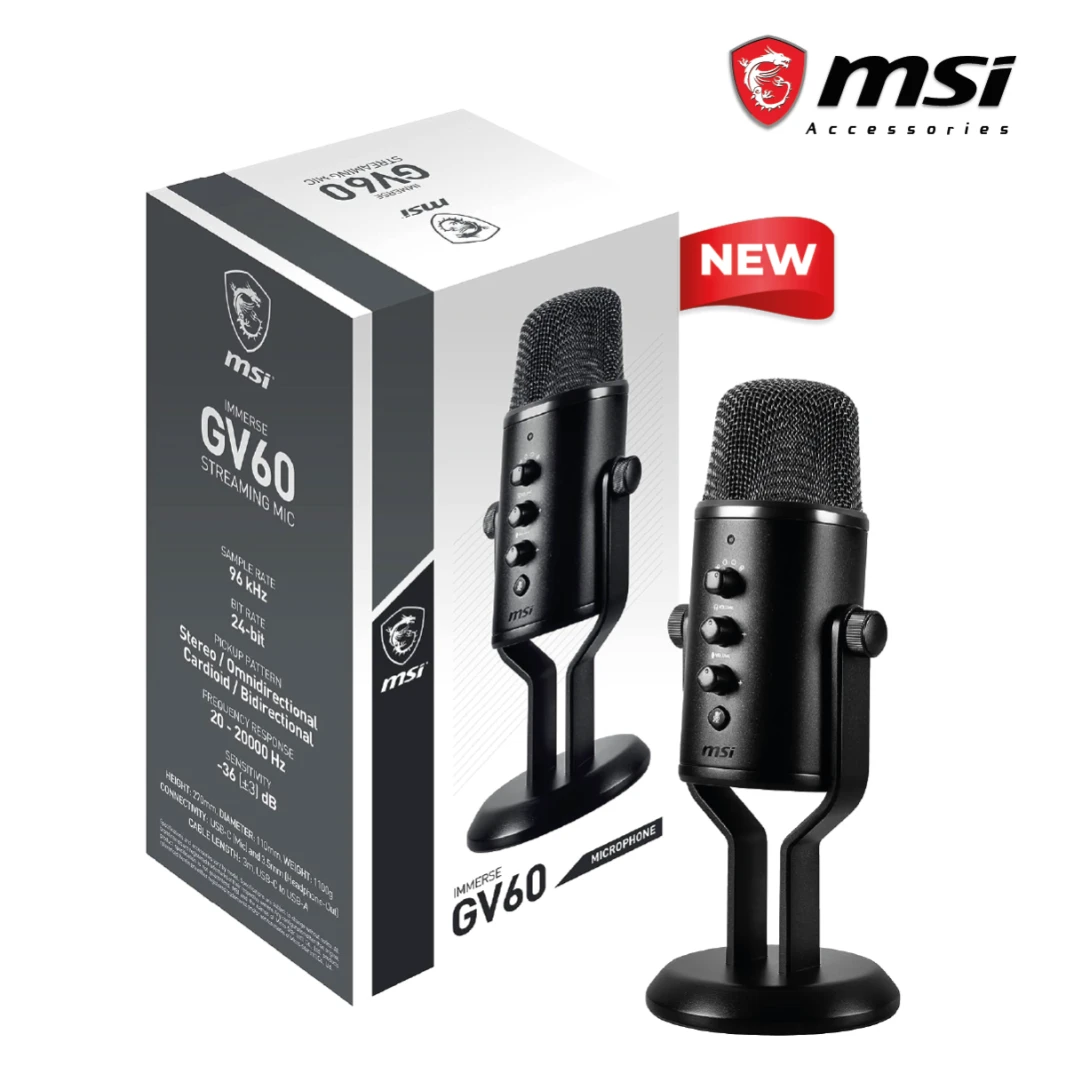 MSI IMMERSE GV60 Streaming Professional MIC USB Type-C Interface & 3.5mm Aux, with Intuitive Control in  4 Modes Stereo, Omnidirectional, Cardioid and Bidirectional
