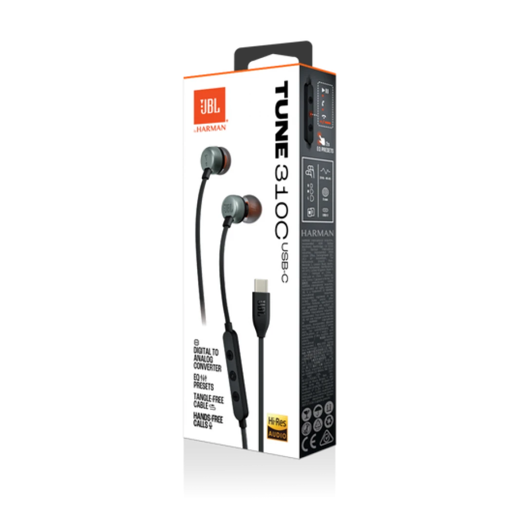 JBL Tune 310C Type-c In-ear headphones with Hi-Res Audio support and JBL Pure Bass Sound, USB-C connectivity, 3-button remote with microphone and EQ presets control - Black