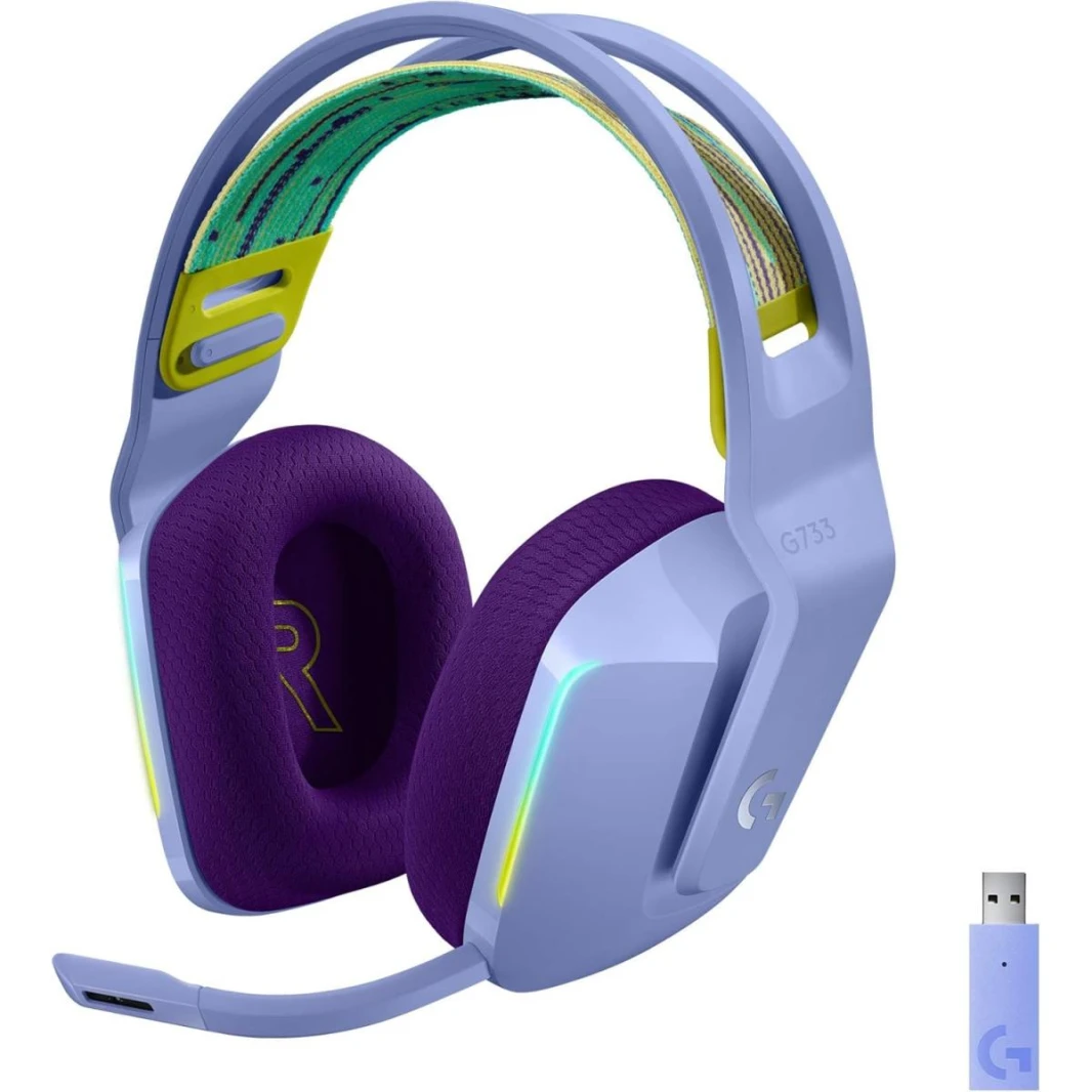 Logitech G733 LIGHTSPEED Wireless Gaming Headset with suspension headband, LIGHTSYNC RGB, Blue VO!CE mic technology and PRO-G audio drivers - Lilac