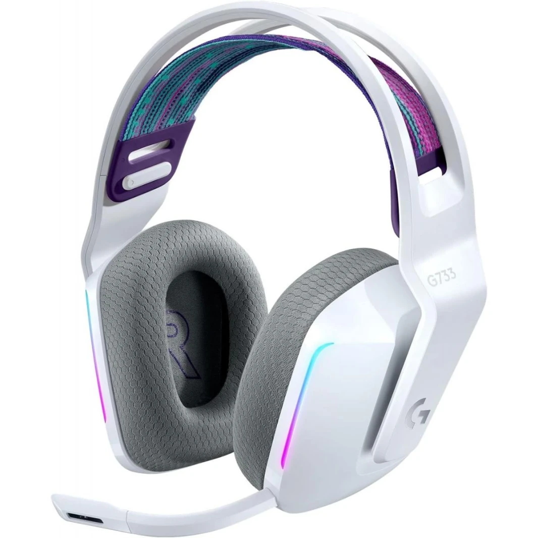 Logitech G733 LIGHTSPEED Wireless Gaming Headset with suspension headband, LIGHTSYNC RGB, Blue VO!CE mic technology and PRO-G audio drivers - White