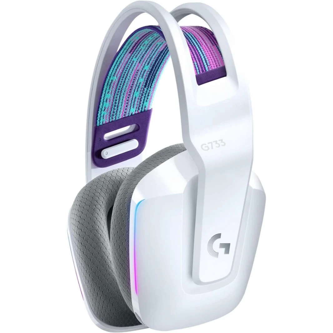 Logitech G733 LIGHTSPEED Wireless Gaming Headset with suspension headband, LIGHTSYNC RGB, Blue VO!CE mic technology and PRO-G audio drivers - White
