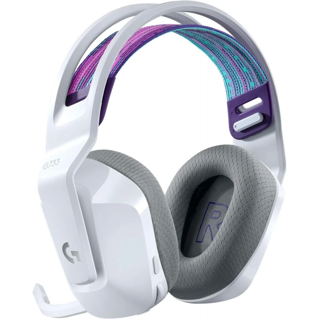 Logitech G733 LIGHTSPEED Wireless Gaming Headset with suspension headband, LIGHTSYNC RGB, Blue VO!CE mic technology and PRO-G audio drivers - White