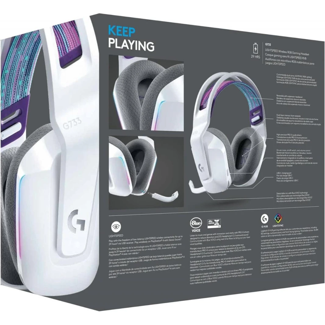 Logitech G733 LIGHTSPEED Wireless Gaming Headset with suspension headband, LIGHTSYNC RGB, Blue VO!CE mic technology and PRO-G audio drivers - White