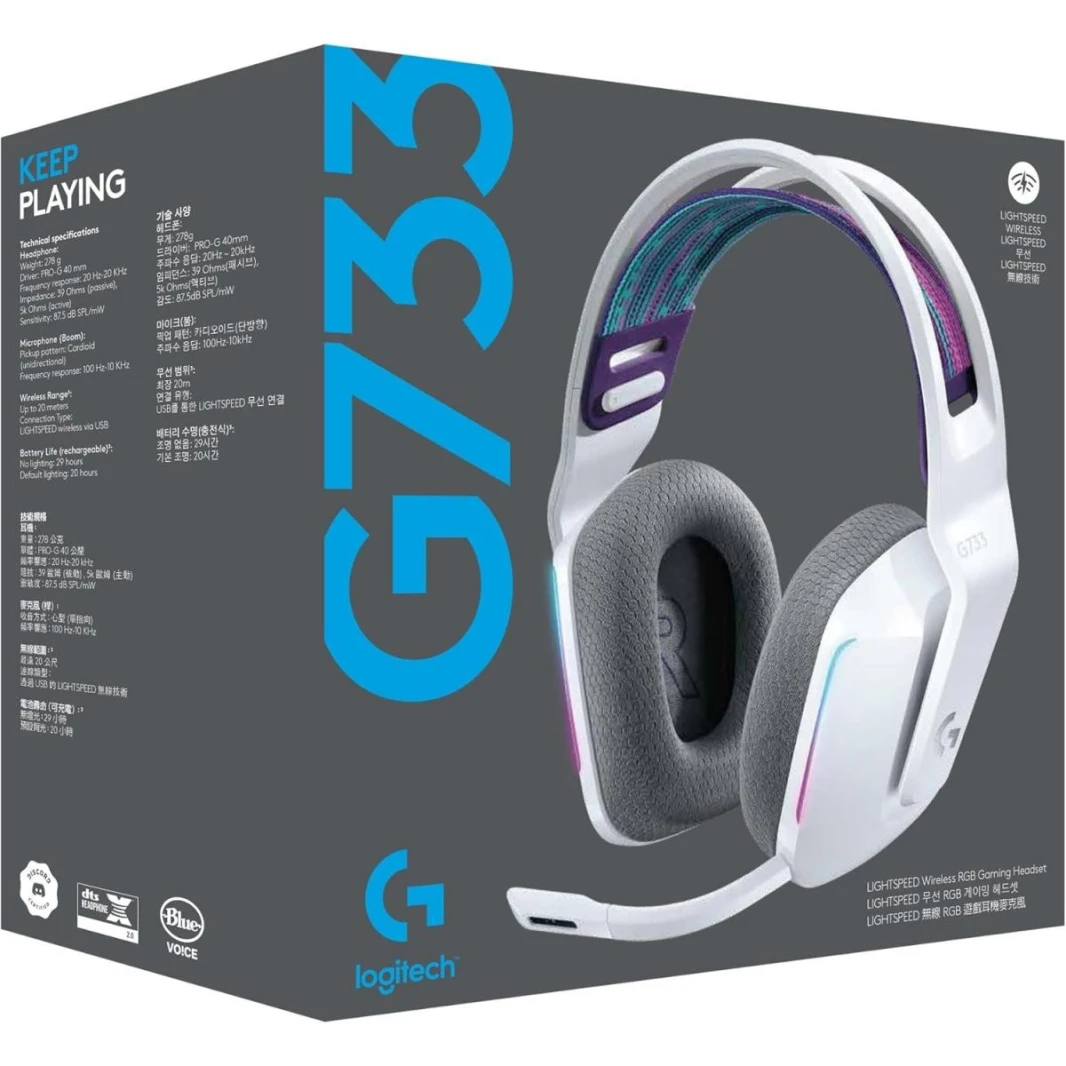 Logitech G733 LIGHTSPEED Wireless Gaming Headset with suspension headband, LIGHTSYNC RGB, Blue VO!CE mic technology and PRO-G audio drivers - White