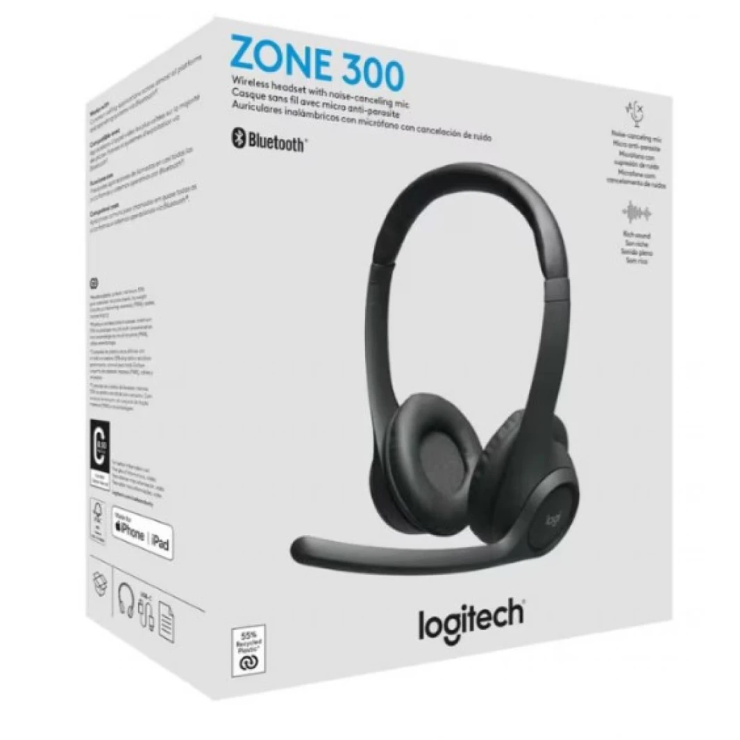 Logitech Zone 300 Wireless Bluetooth 5.3 Headset Dual Beamforming Mics With Noise-Canceling Algorithms Talk Time: Up to 16 hours, 30 mm Drive Size, Charging Cable – Graphite