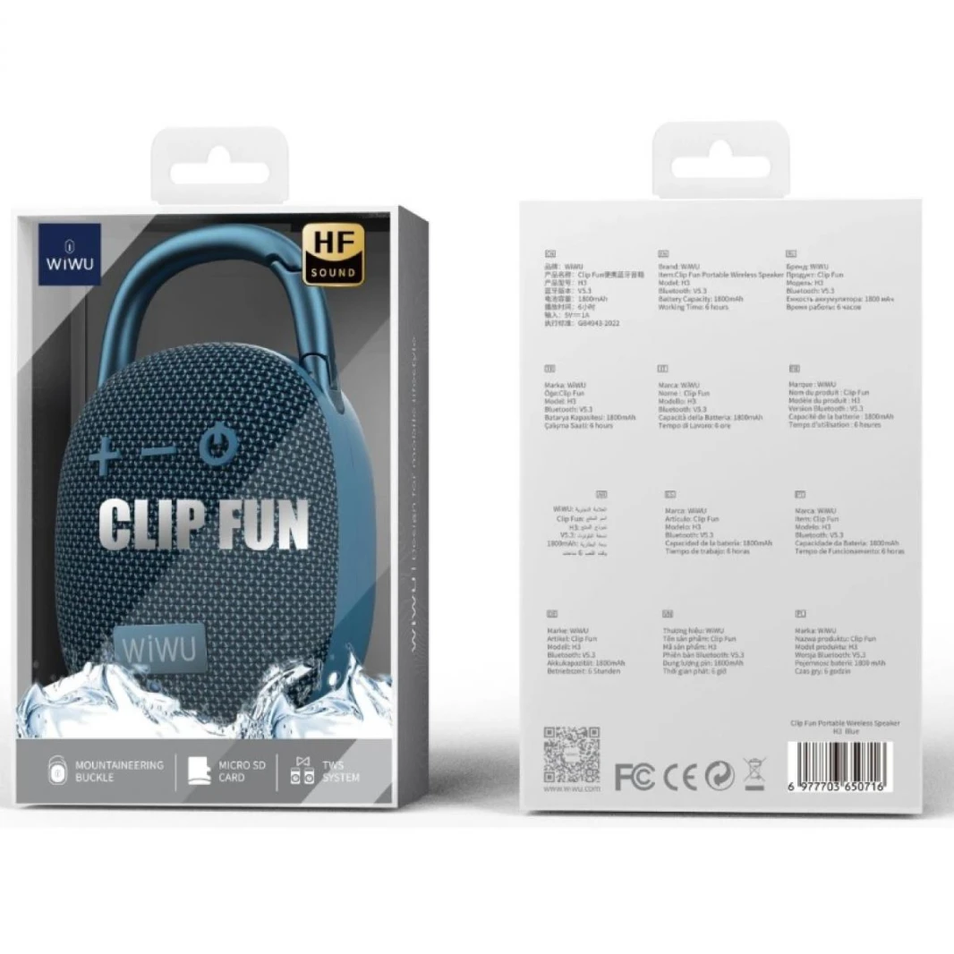 WiWU Clip Fun Portable Wireless Speaker H3, playback/TF/ AUX/ TWS/ IPX5 - 18 Month Warranty