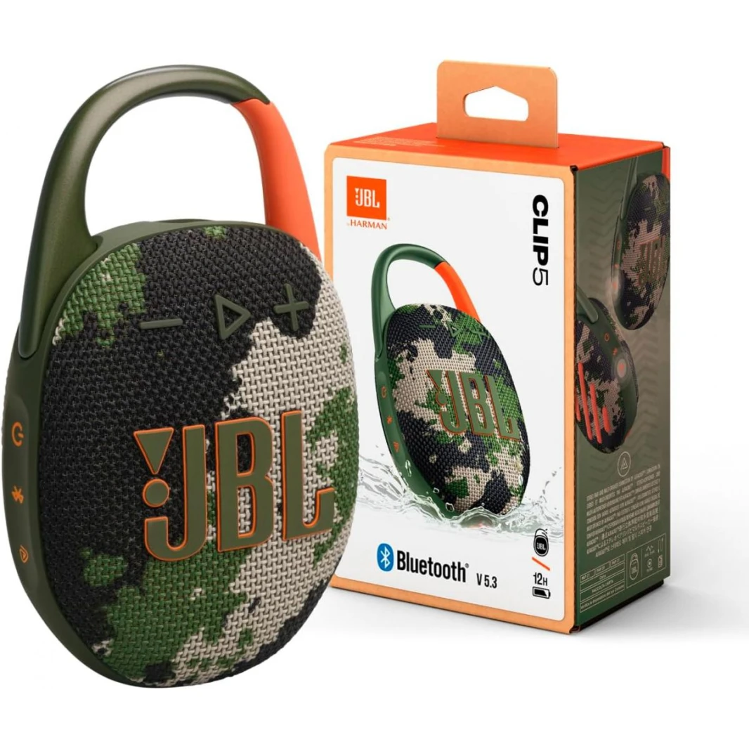 JBL Clip 5 - Ultra-Portable, Waterproof & Dustproof Bluetooth Speaker, Big Pro Sound with Punchy bass, Integrated Carabiner, Up to 12 Hours of Play, Made in Part with Recycled Materials (Squad)